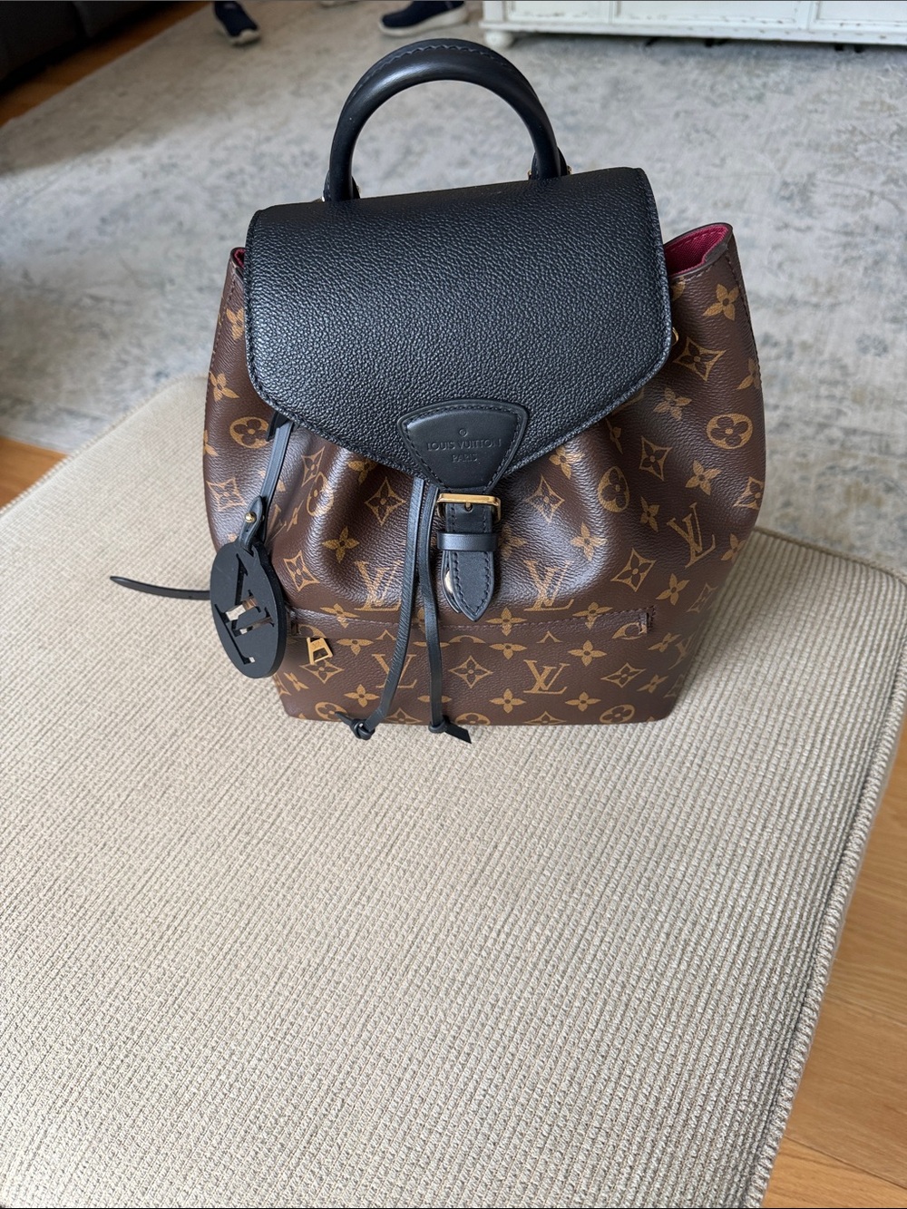 Louis Vuitton Brown Monogram Canvas Backpack with Black Flap and Red Interior